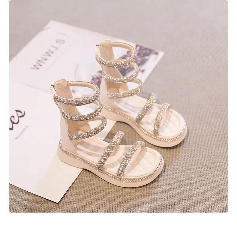 Kids'Sandals PU Leather Summer Beach Shoes For Girls Crystal Peep Toe Breathable Soft Bottom White Black Shoes Size 26-36