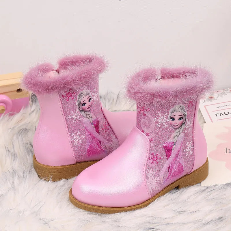Disney Girls' Boots Winter Fashion Frozen Elsa Princess Children's Short Girls' Cotton Fur Ankle Boots Girls' Pink Shoes Size 25