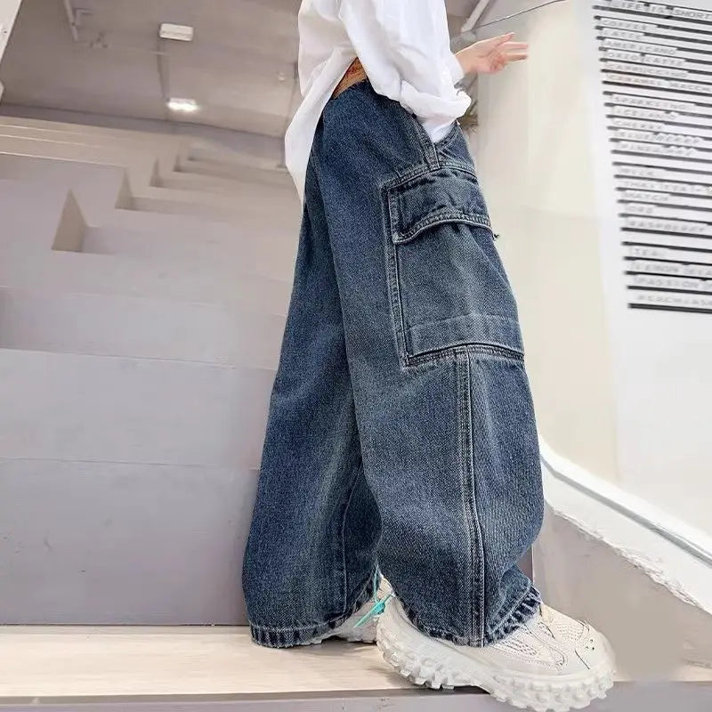 2025 New Boys Cargo Jeans Straight Wide Leg Spring Autumn Toddler Boys Big Boys Spring Fashion Jeans