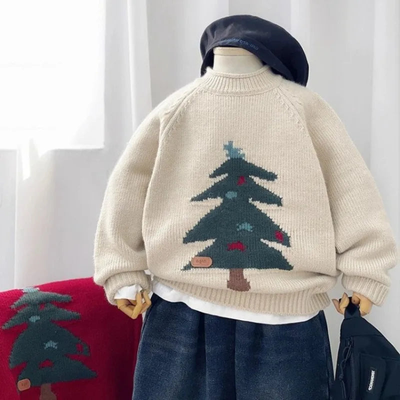 Korean Style Knitted Jacquard Sweater for Boys, Christmas/New Year Festive Crewneck Knitwear, Spring Autumn Stylish Versatile