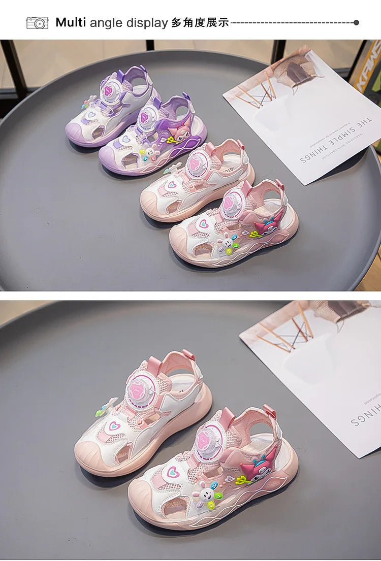 Sandals Girls Cartoon PU Leather Summer Fashion Outdoor Flat Bottom Breathable Anti-slip Pink Purple Size 26-37