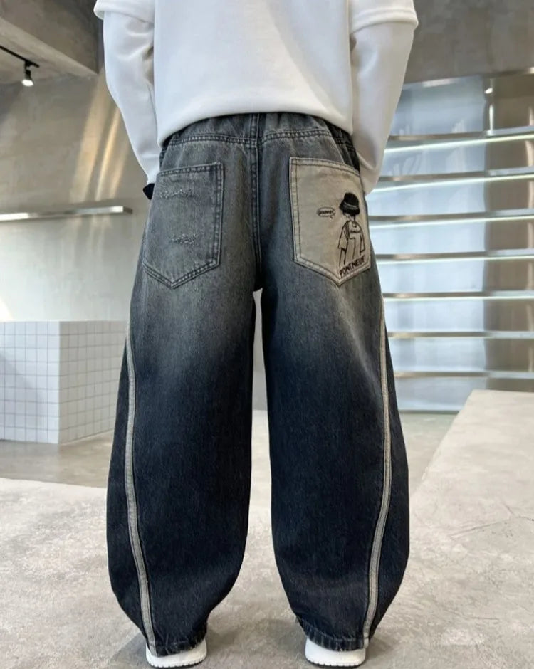 2025 New Boys Straight Jeans Big & Tall Kids Autumn Winter Denim Pants Boys Long Jeans