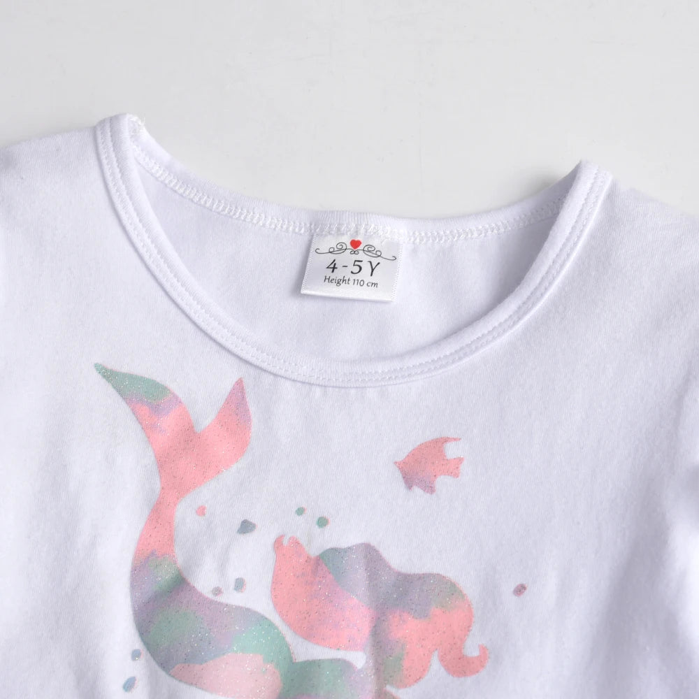 VIKITA Girls Mermaid Cartoon Print Dress Kids Autumn Spring Flare Sleeve Dresses Girls Patchwork Casual Princess Dresses 3-8 Yrs