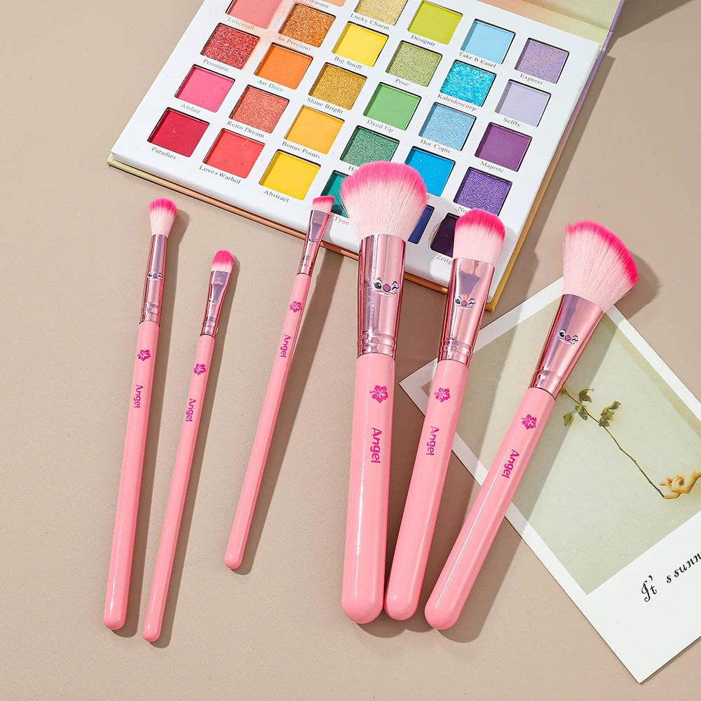 6pcs pink cartoon cute Stitch makeup brush set, wooden makeup brush eye shadow brush, gift box packaging, the perfect choice for