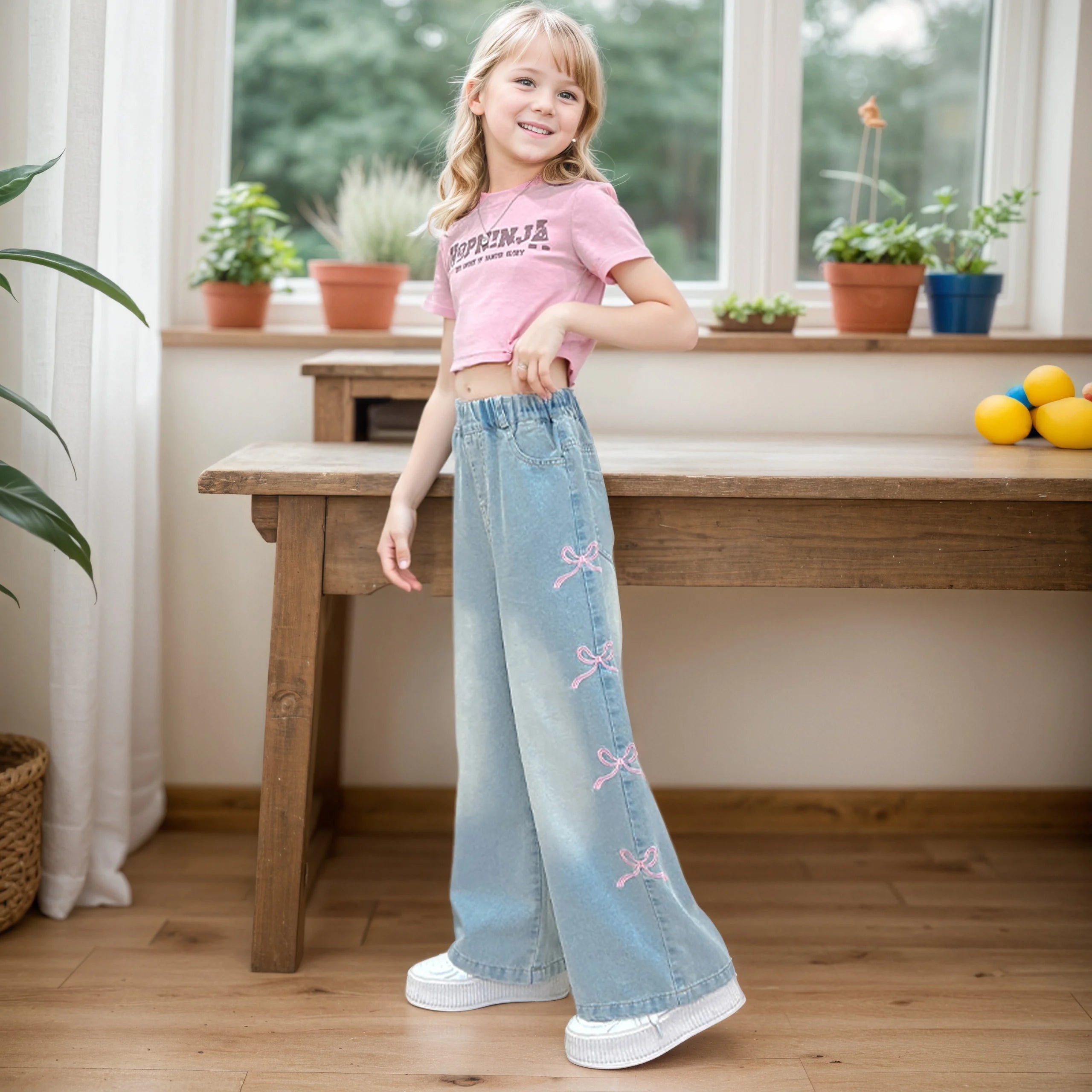 Girls' side pink bow embroidered wide-leg pants 2025 summer thin style slim straight pants suitable for outdoor 5-15 years old