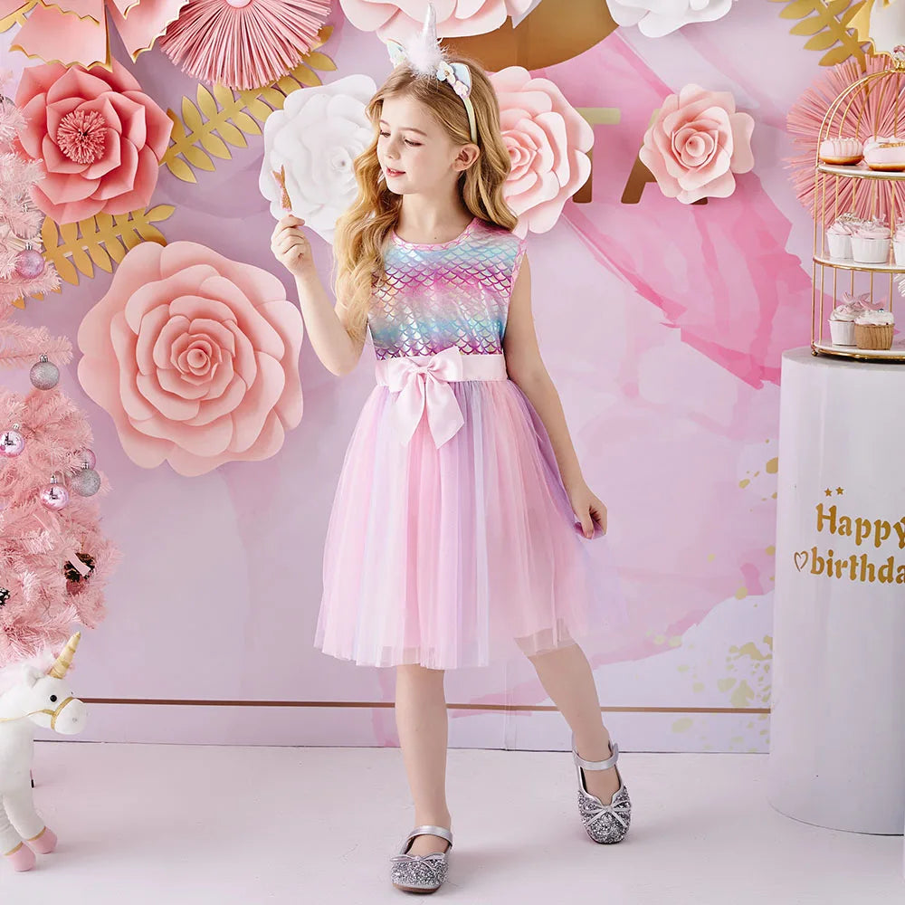 VIKITA Girls Summer Sleeveless Dress Children Birthday Party Tutu Dress Kids Cotton Costume Baby Girl Princess Dress  Clothes