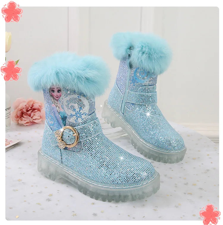 Disney Girls' Boots Winter Fashion Frozen Elsa Princess Boots Children's Short Girls' Cotton Fur Ankle Boots Girls' Pink Shoes