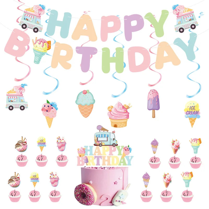 Ice Cream Happy Birthday Streamers Hot Stamping Dovetail Pull Flag Living Room Garden Mall Cafe Birthday Party Decoration Banner