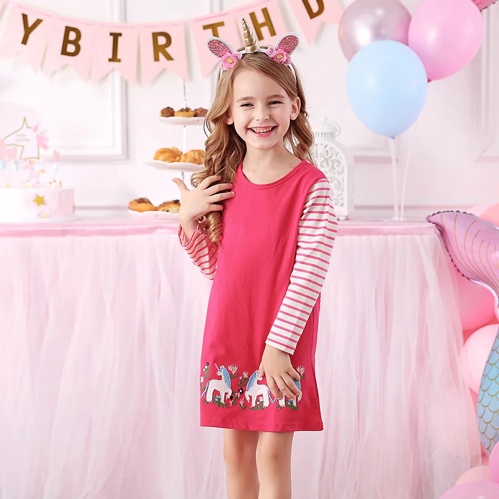 VIKITA Teenagers Straight Dress Kids Cotton Casual Daily School Vestidos Kids Fashion Cute Striped Unicorn Appliqued Pink Dress