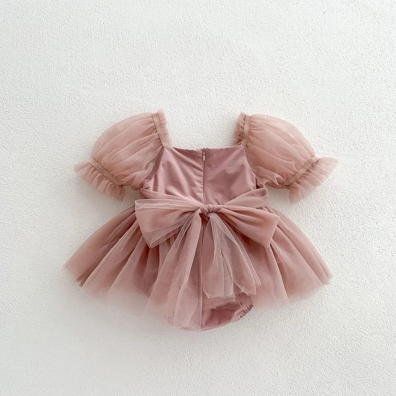 2025 Summer Baby Clothes 100 Day Baptism Birthday Party Sleeveless jumpsuit Mesh Bow Romper Girl Princess Dress