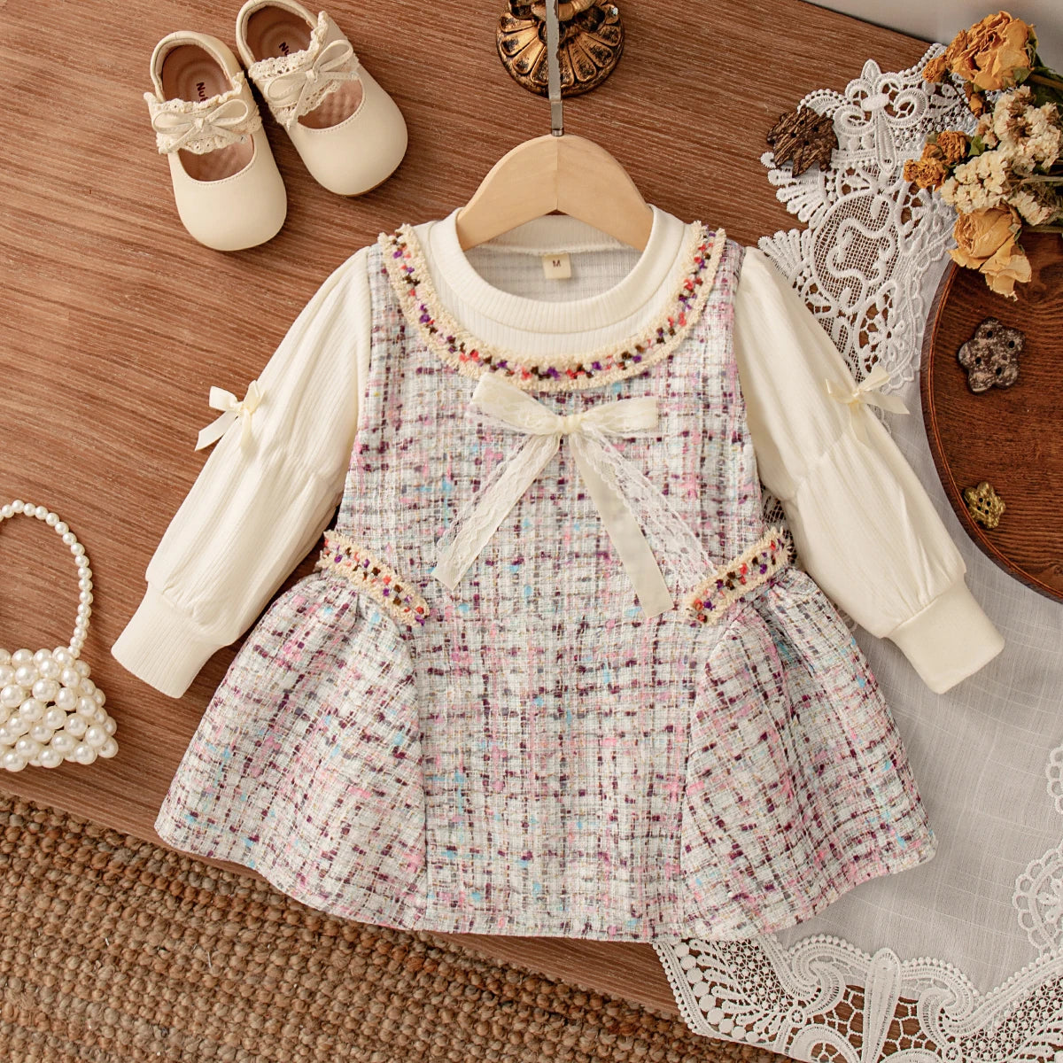 Spring And Autumn New Bow Long Sleeve Baby Girl Dress, Princess Style Children'S Clothing For Babies Aged 9 Months To 3 Years