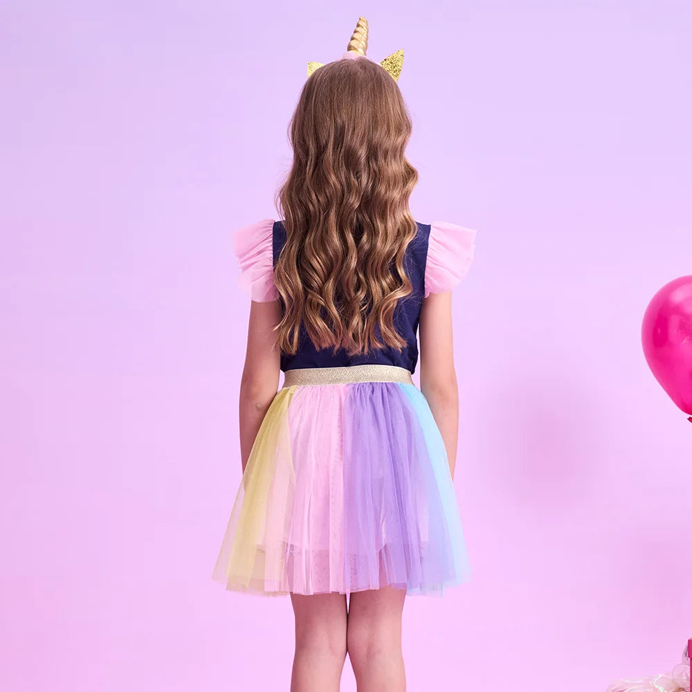 VIKITA Girls Summer Clothing Sets Kids Flare Sleeve Heart Cotton Tops Tees and Rainbow Mesh Tulle Skirts 2 Pcs Children Clothes