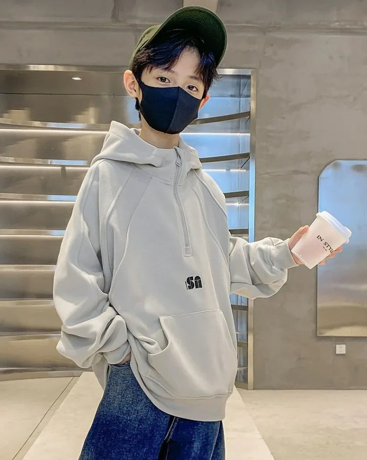 2025 New Boys' Mid-Large Spring-Autumn & Autumn-Winter Fleece-Lined Thickened Hooded Hoodie - Trendy Streetwear Boys' Top