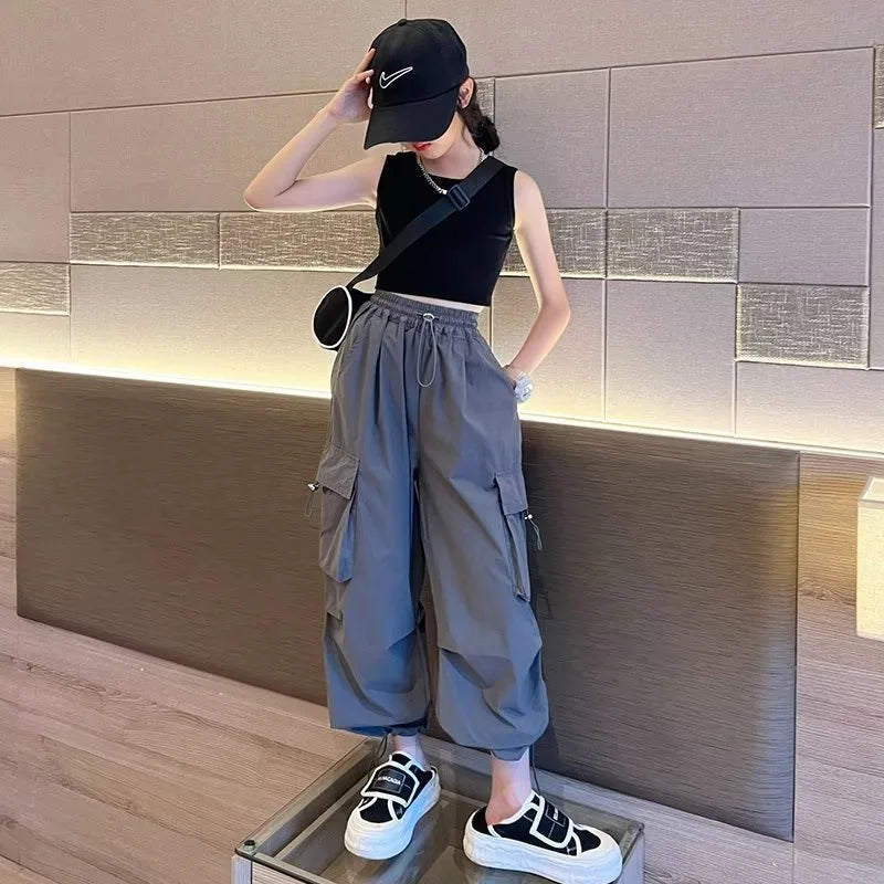 Girls' High Waist Straight Trousers Kids Fashion Hip Hop Joggers Cargo Pants Children Cool Spring Autumn Drawstring Sweatpants