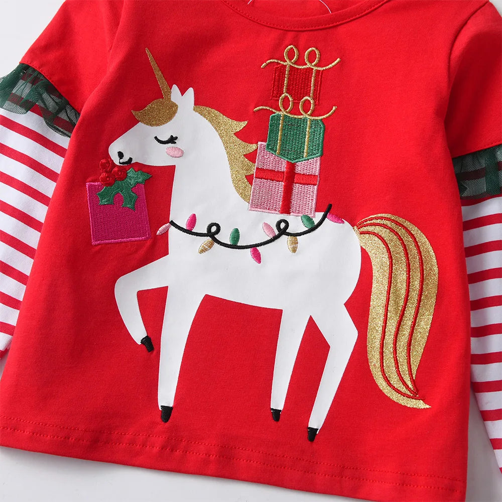 Girls Xmas Christmas New Year Christmas T Shirt Kids Licorne Cartoon Striped Cotton Tops and Tees Kids Party Casual Tees Giff