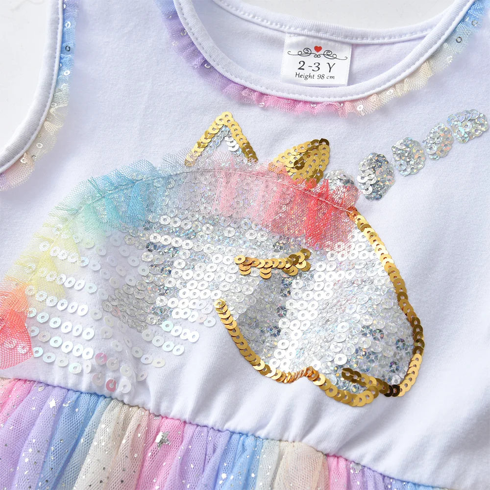 Toddlers Sleeveless Summer Dress Kids Rainbow Sequined Unicorn Appliqued Colorful Starry Tulle Dresses Girls Casual Party Dress