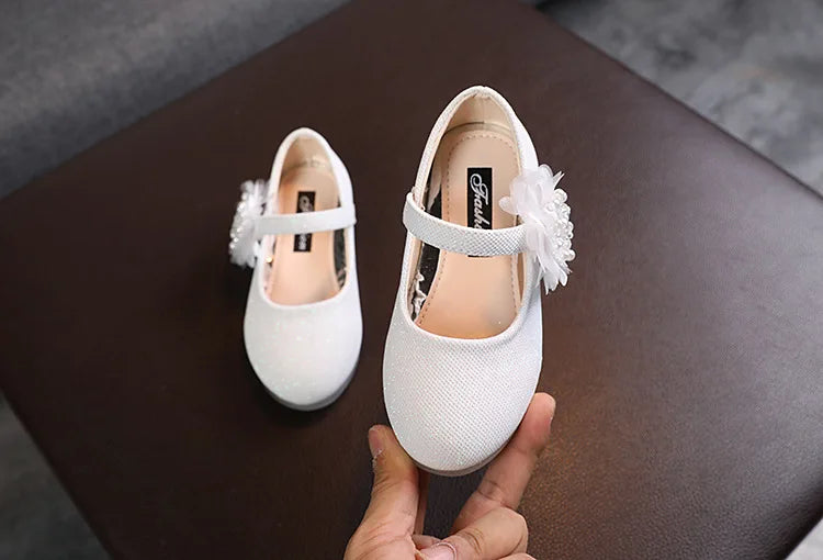 Korean Style Fashion Kids Beaded Little Flowers Leather Shoes Girls Princess Shoes Children Crystal Soft Bottom Dancing Shoes
