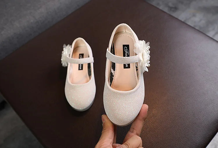 Korean Style Fashion Kids Beaded Little Flowers Leather Shoes Girls Princess Shoes Children Crystal Soft Bottom Dancing Shoes