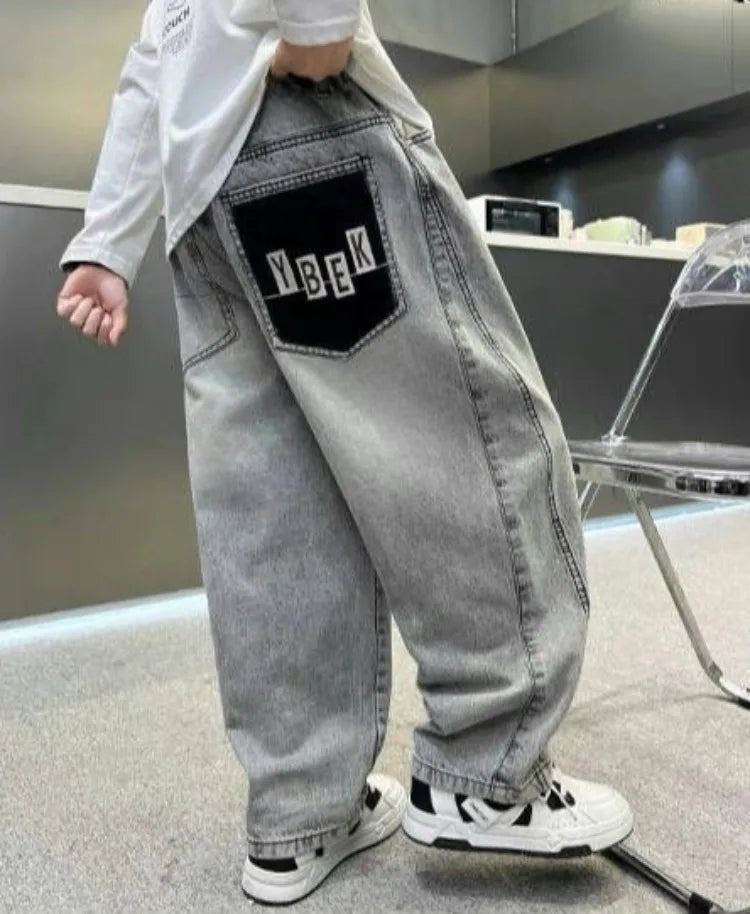 Light Grey Boys' Denim Pants Spring Autumn Casual Relaxed Fit Medium To Large Kids Jeans