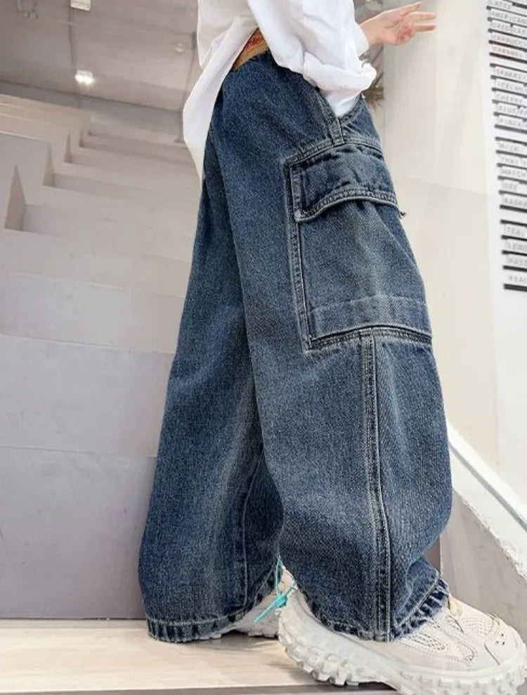 2025 New Boys Cargo Jeans Straight Wide Leg Spring Autumn Toddler Boys Big Boys Spring Fashion Jeans