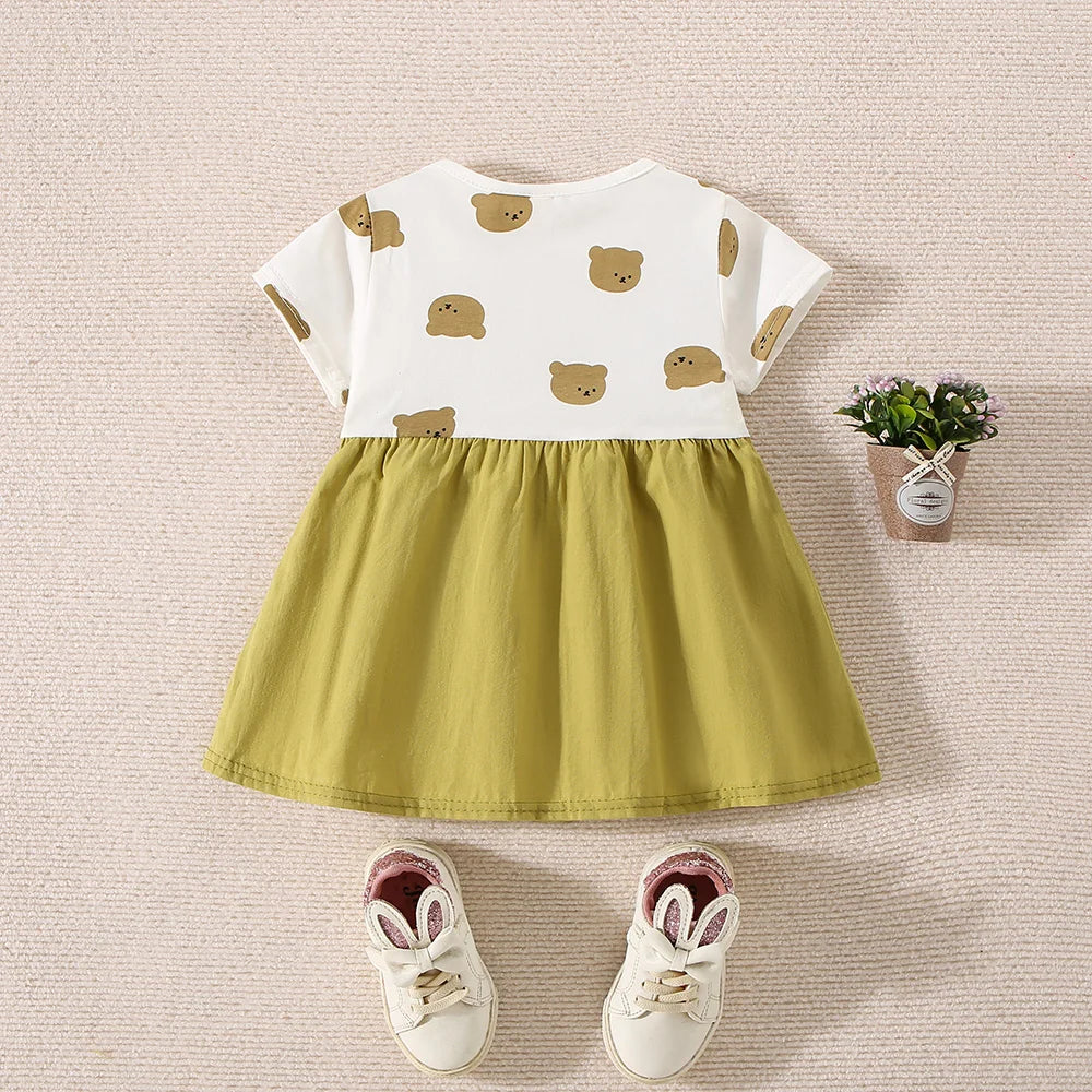 (6-24 Months) Summer New Small Bear Short Sleeved Baby Girl Dress, Fake Two Children'S Clothes
