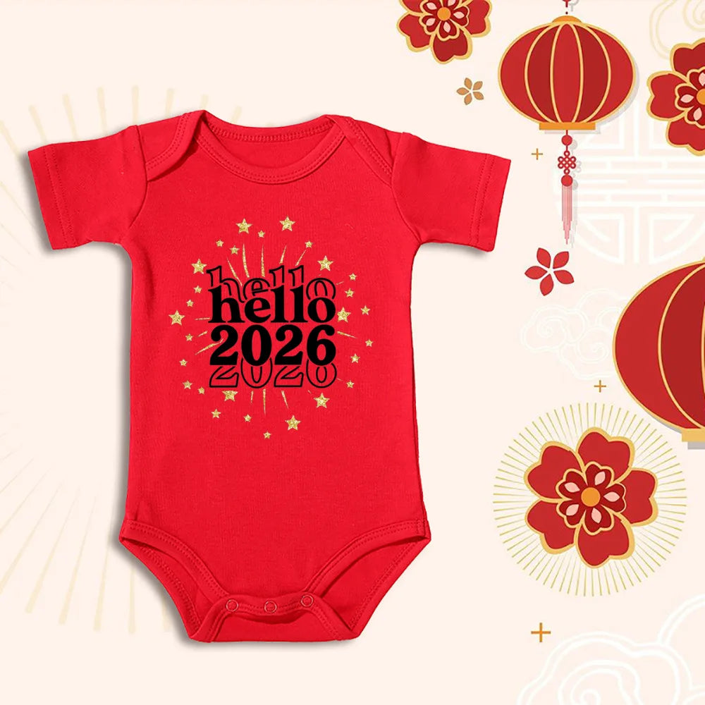 Hello 2026 New Year Print Baby Cotton Bodysuit Newborn Cotton Baby Romper Infant Short Sleeve Bodysuit 1st New Year Clothes