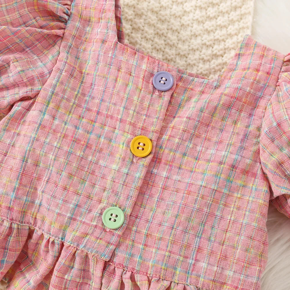 (0-3 Years Old) Summer Baby Girl Cotton Colored Plaid Bubble Sleeve Top and Shorts Set Cute Princess Style Girl Two-piece Set