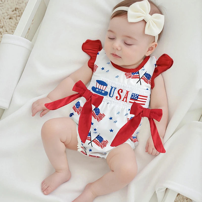 Toddler Girls Patriotic Sleeveless Romper with Ruffled Hem and American Flag Print for 4th of July Celebration