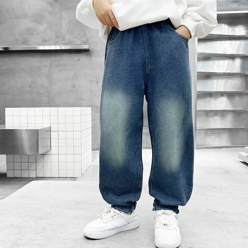 2025 New Boys' Loose Fit Jeans for Kids - Korean Style Washed Denim Long Pants, Trendy & Comfortable