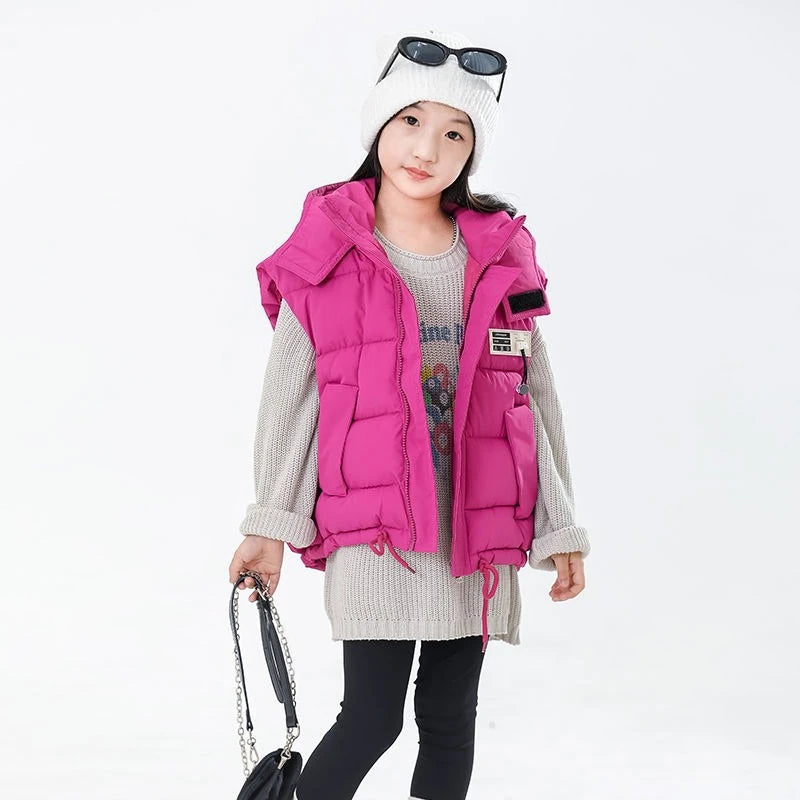 2025 Kids Puffy Windproof Quilted Sleeveless Jacket Korean Style Oversized Cargo Vest for Toddler Boys Thermal Insulated Outdoor