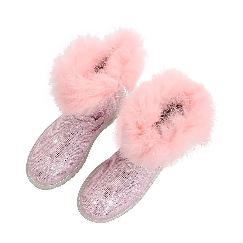 Disney Girls' Boots Winter Fashion Frozen Elsa Princess Boots Children's Short Girls' Cotton Fur Ankle Boots Girls' Pink Shoes