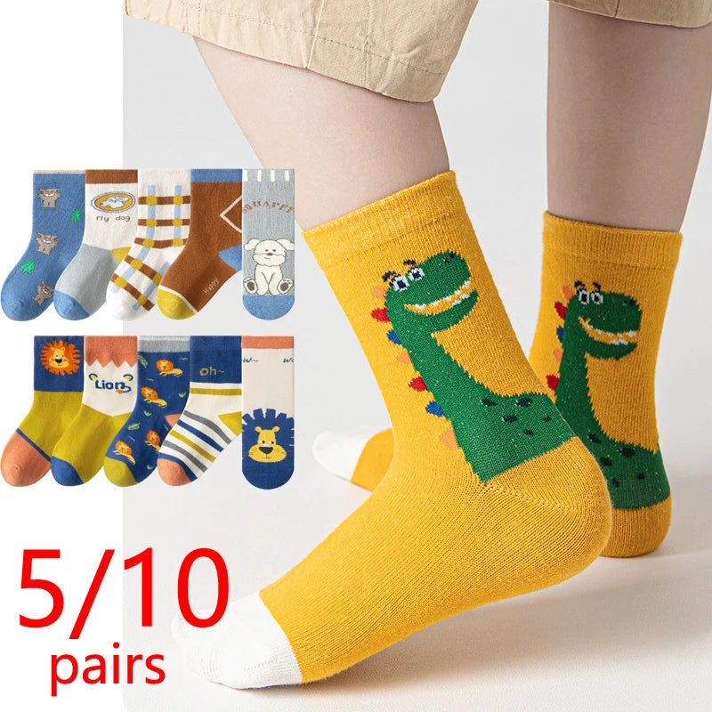 5/10 pairs/lot Kids Casual Socks for Boys 2025 New Cartoon Dinosaur Print Children Ankle Short Breathable Cotton Toddler Sock