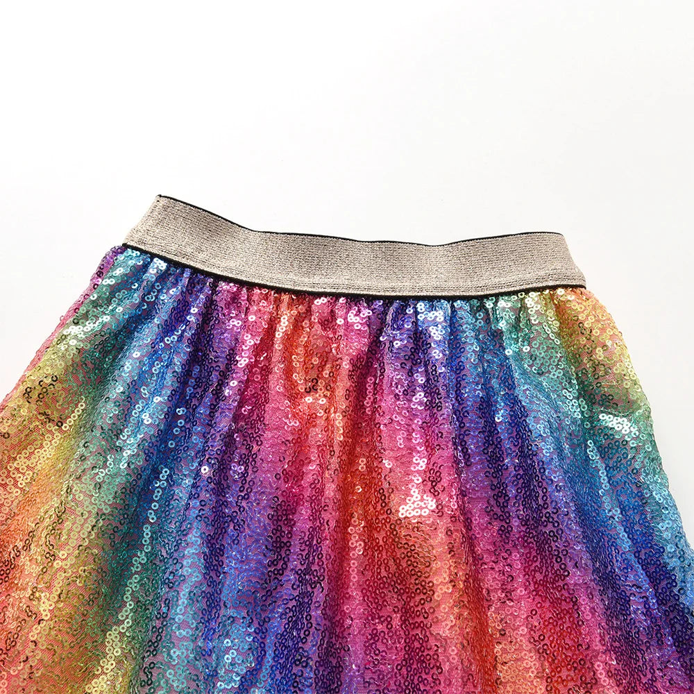 VIKITA Girls Rainbow Sequined Appliqued Skirt Kids Stage Performance Birthday Party Prom Gown Princess Skirts Children Clothing