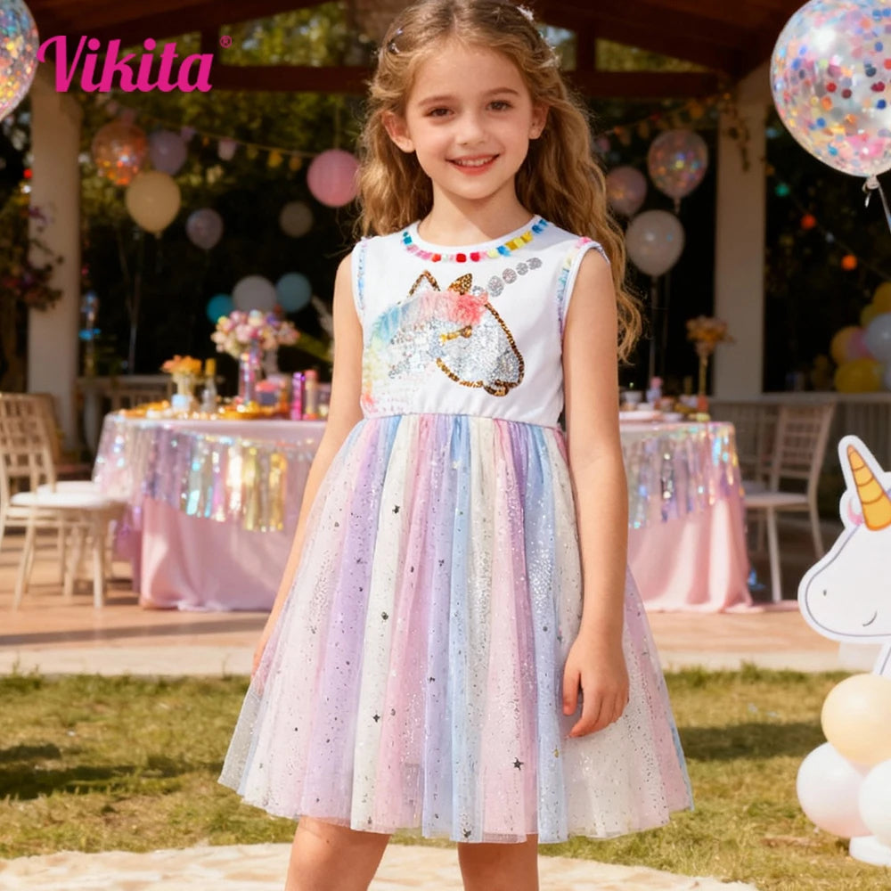 Toddlers Sleeveless Summer Dress Kids Rainbow Sequined Unicorn Appliqued Colorful Starry Tulle Dresses Girls Casual Party Dress