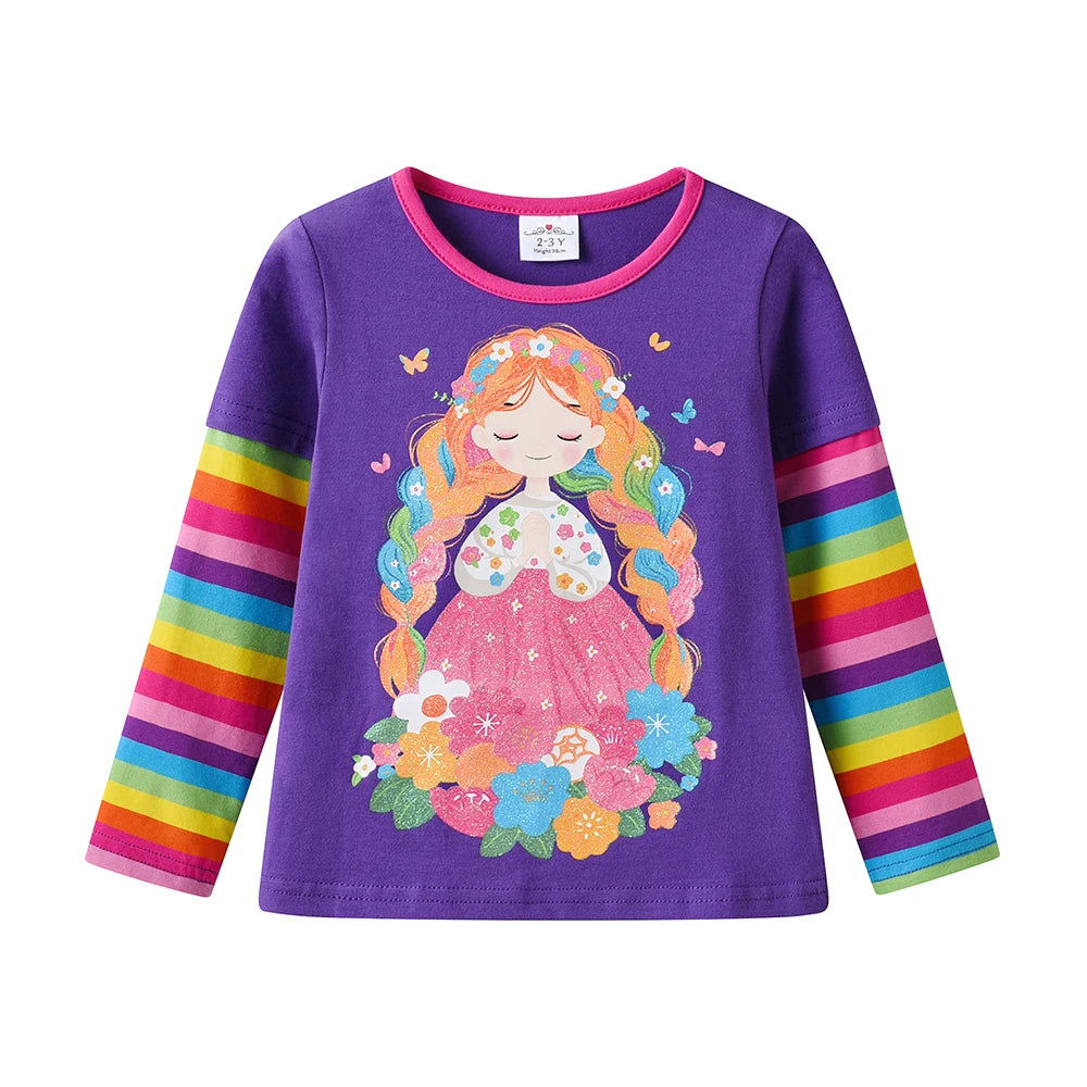 VIKITA Girls Flower Doll Print T Shirt Kids Purple Long Sleeve Rainbow Striped Cotton Casual Tops and Tees Kids Daily Costumes
