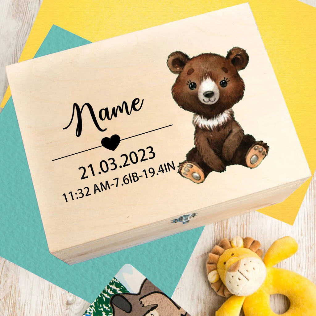 Custom Wooden Baby Box Newborn Baby Gift Personalised Infant Memory Box Cute Animal Print Wood Box Birth Stats Gift New Mom Gift