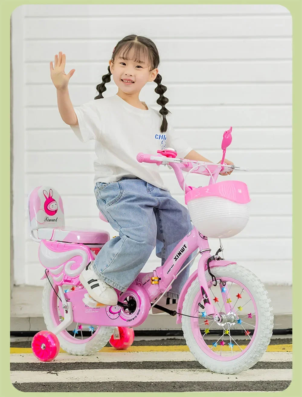 Folding Children's Bicycle Cute Cartoon Princess Girls Bike with Training Wheels Doll Seat & Basket Kids Boys Cycle Bikes (Pink)