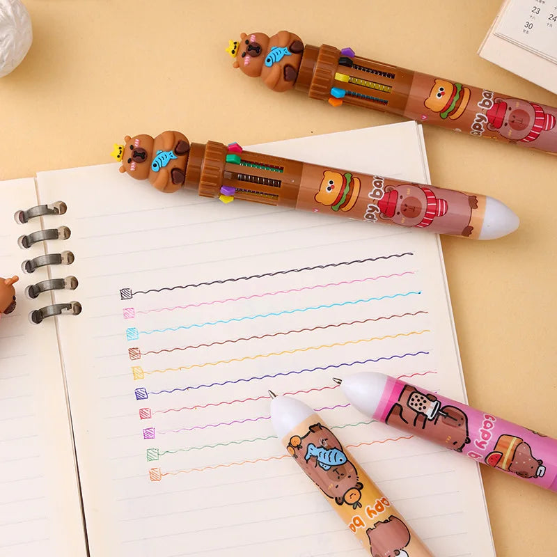 Cute Capybara 36Pcs 10 Color Ballpoint Pen Cartoon Set Capibala Creative Modeling 0.5Mm Multicolor Pen Students Learn Stationery