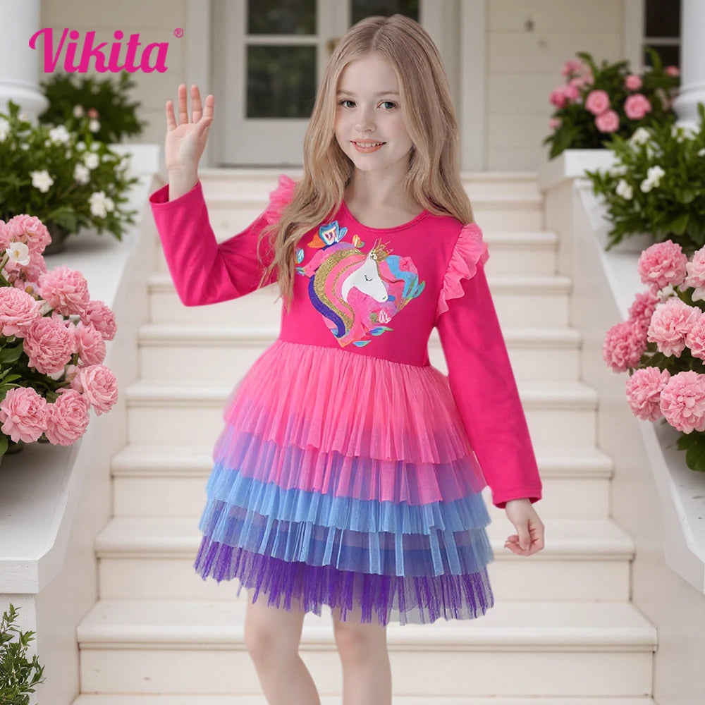 VIKITA New Girls Unicorn Pink Dress Kids Layered Mesh Tulle Tutu Princess Dresses Kids Prom Gown Long Sleeve Autumn Spring Dress