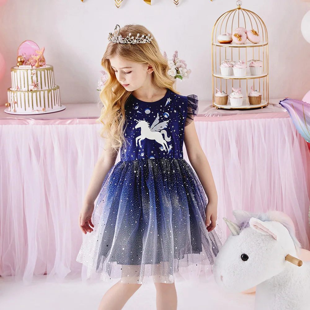 VIKITA Kids Licorne Cartoon Dress Girls Flare Sleeve Summer Dresses Girls Gradient Birthday Party Performance Princess Dresses