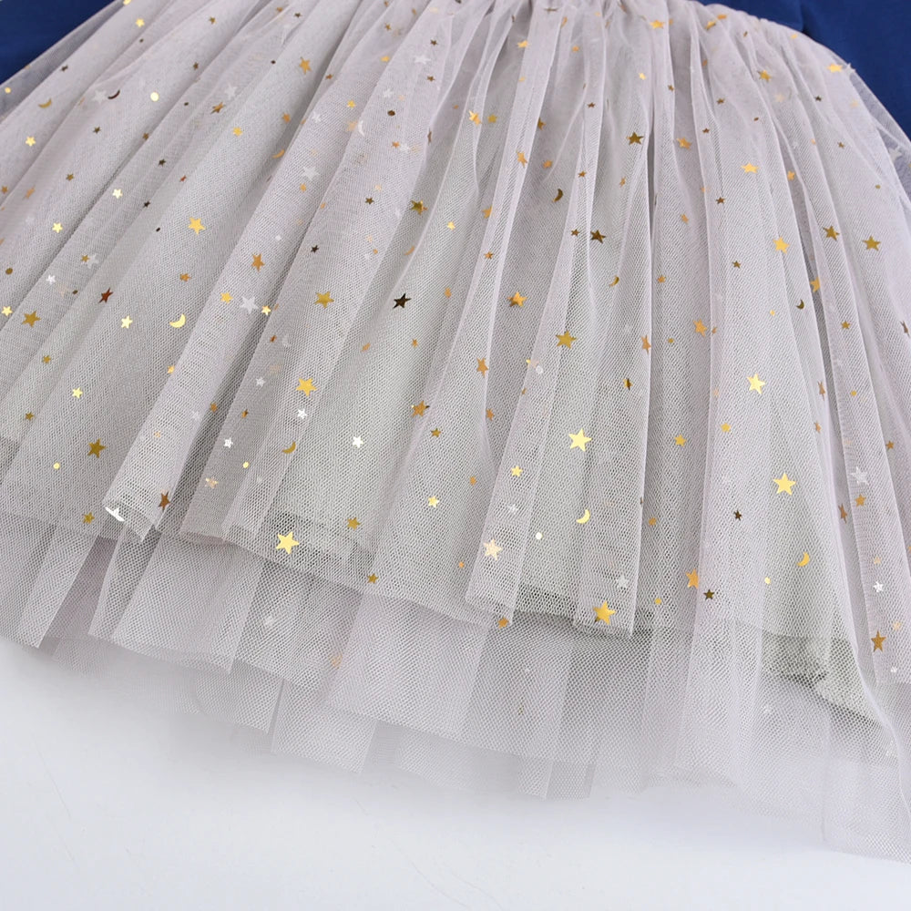 VIKITA Girls Unicorn Print Dress Kids Sequins Princess Dresses Kids Long Sleeve Autumn Spring Patchwork Mesh Tulle Cute Dresses