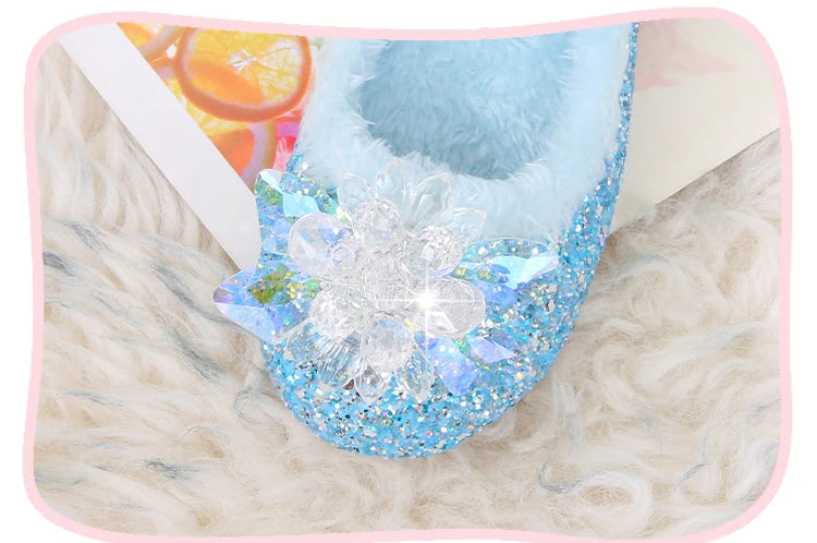 Disney Girls' Plush Slippers Frozen Cute Children's Princess Elsa Winter Cotton Slippers Baby Snow Home Pink Blue Shoes Size 23
