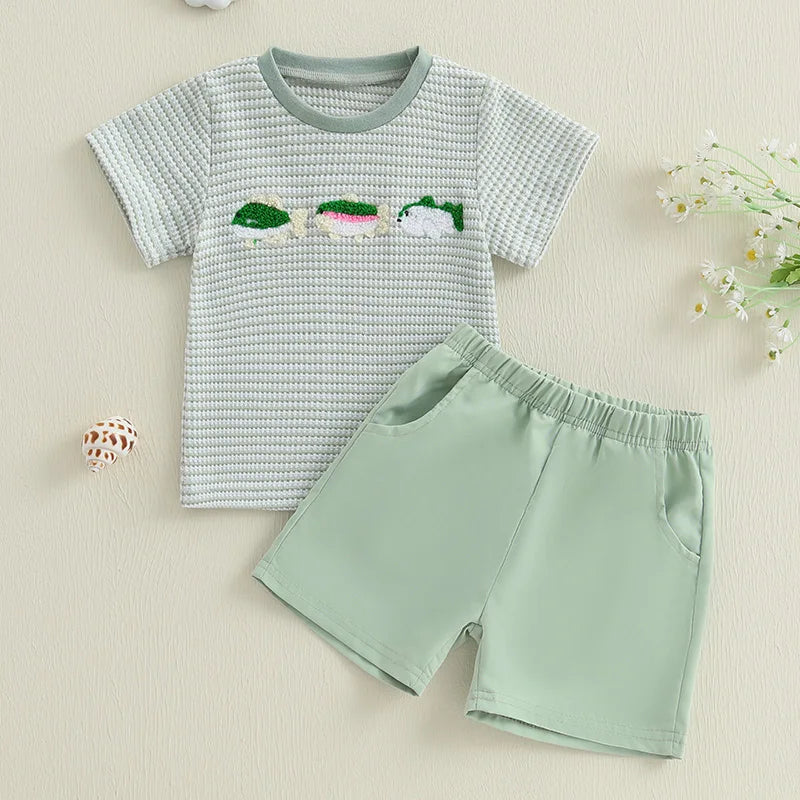 Infant Boy Outfit Set with Cute Animal Embroidery Short Sleeve Tee and Stylish Plaid Shorts for Summer 2 Piece Set