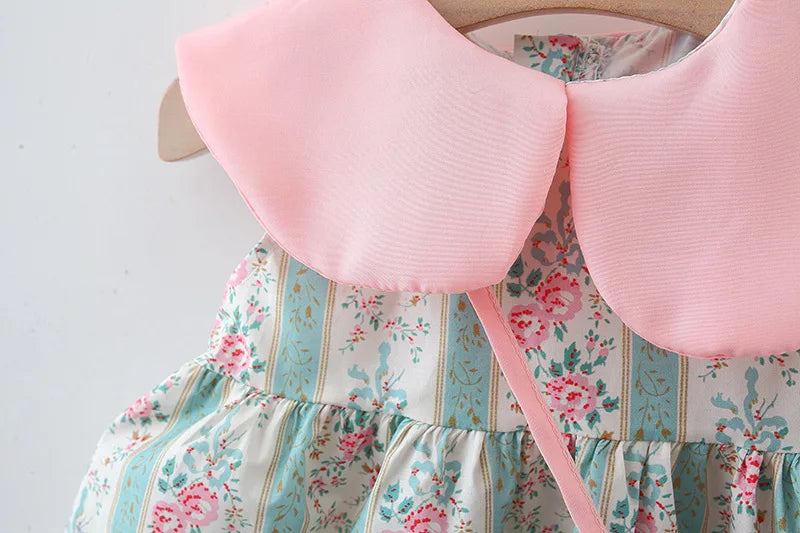 Summer New Pink Doll Neck Baby Girl Dress, Sweet Floral Children'S Sleeveless Clothes+Love Bag (9 Months -3 Years Old)