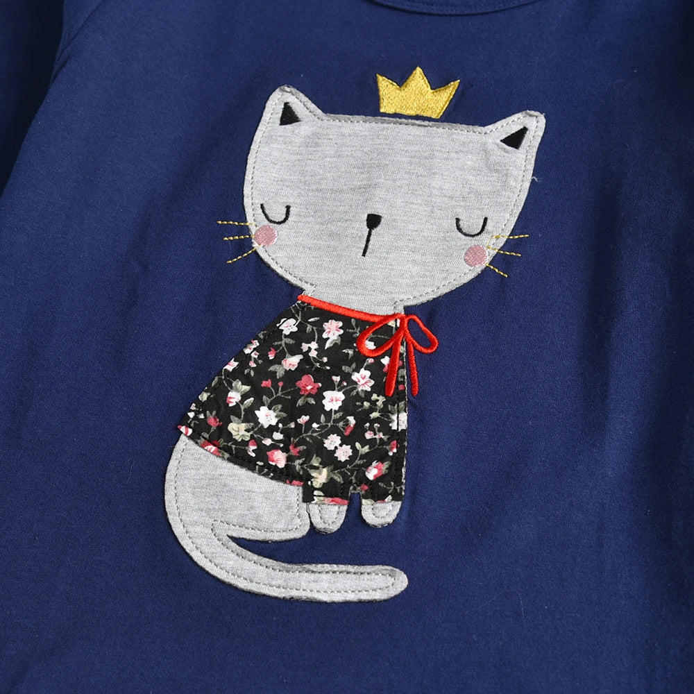 DXTON Spring Autumn Girls Tops Long Sleeve Kids Cotton T-shirts Cat Print Applique Children Casual Tees School Home Kids Wear