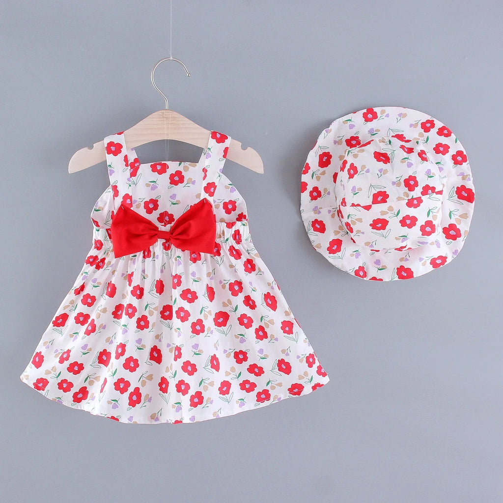 Girls' New Summer Dress Children's Small Flower Print Back Elastic Waist Solid Bow Princess Dress and Hat Two Piece Set