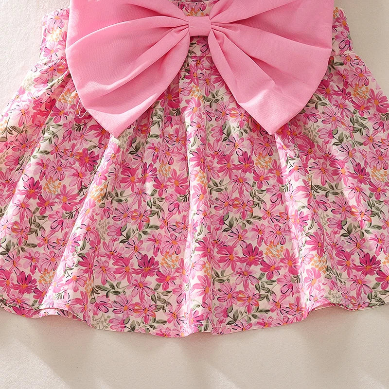 Summer New Floral Baby Girl Dress, Sweet Rose Red Bow Children'S Clothing With Free Hat For Babies Aged 9 Months To 3 Years