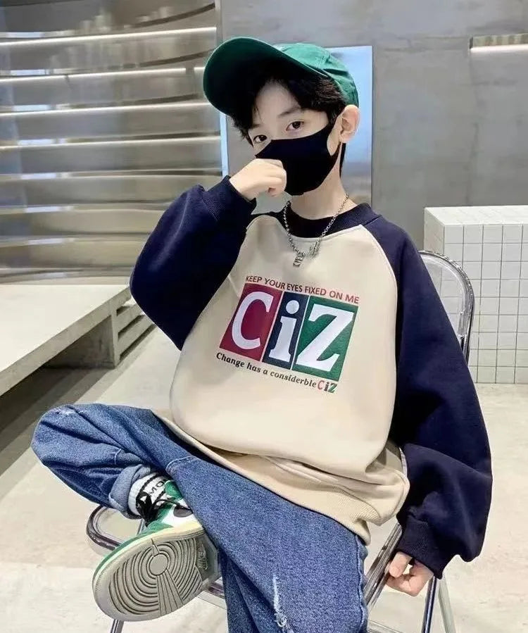 Boys' Medium-Large 2025 New Arrival No Hood Street-Style Korean Trendy Layering Top Kids Sweatshirt for Spring/Autumn