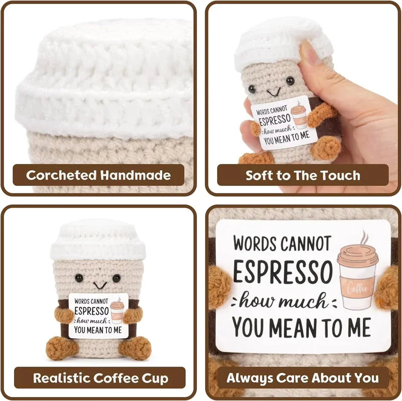 Funny Crochet Positive Coffee Emotional Support Cute Crochet Handmade ornaments with Positive Card Cheer Up Gift for Best Friend