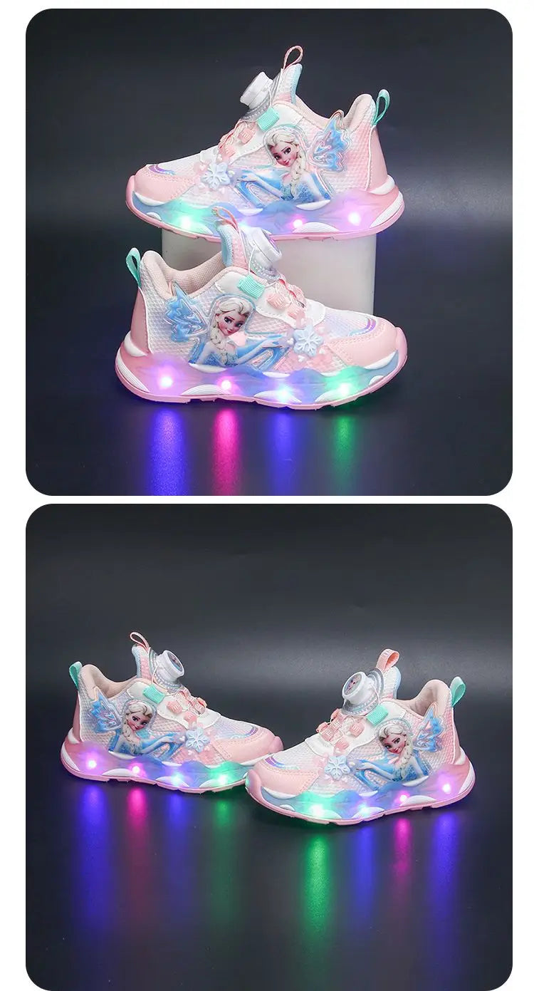 Disney LED Casual Sneakers Spring Girls Frozen Elsa Princess PU Leather Shoes Children Lighted Non-slip Pink Size 23-35